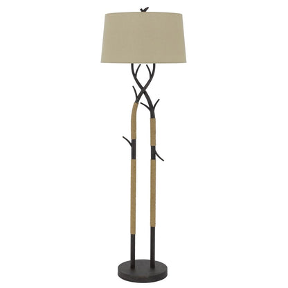 55" Black Metal And Rope Tree Branch Floor Lamp With Tan Fabric Shade