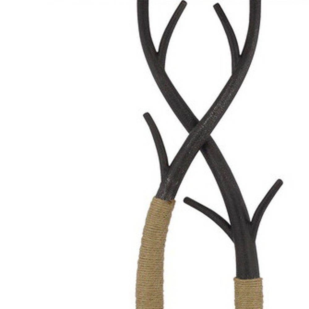 55" Black Metal And Rope Tree Branch Floor Lamp With Tan Fabric Shade