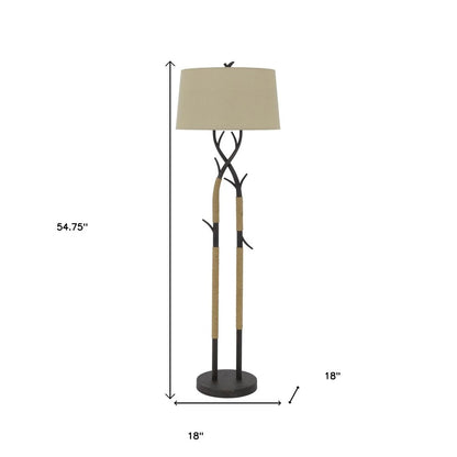 55" Black Metal And Rope Tree Branch Floor Lamp With Tan Fabric Shade
