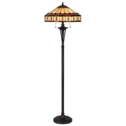 61" bronze two-light traditional floor lamp with purple and ivory abstract Tiffany glass Empire shade