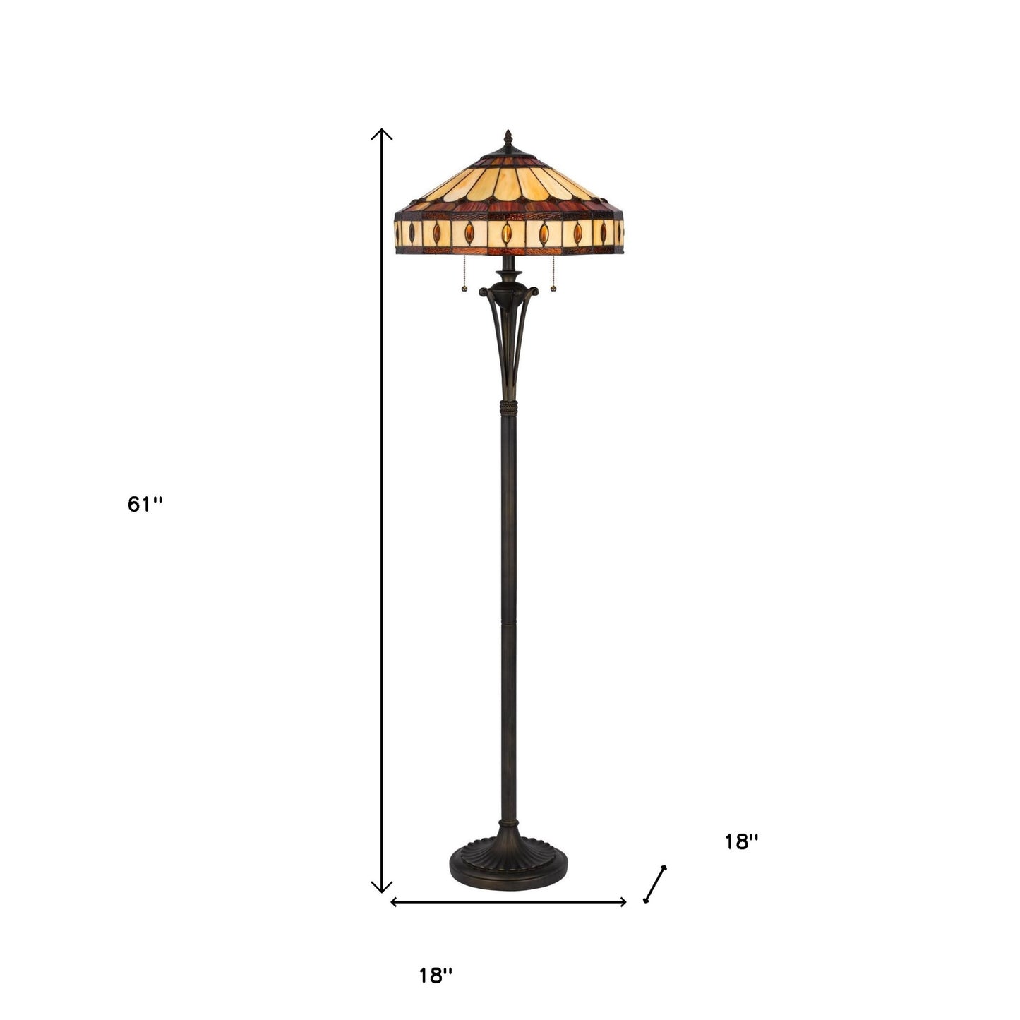 61" Bronze Two Light Traditional Shaped Floor Lamp With Purple and Ivory Abstract Tiffany Glass Empire Shade