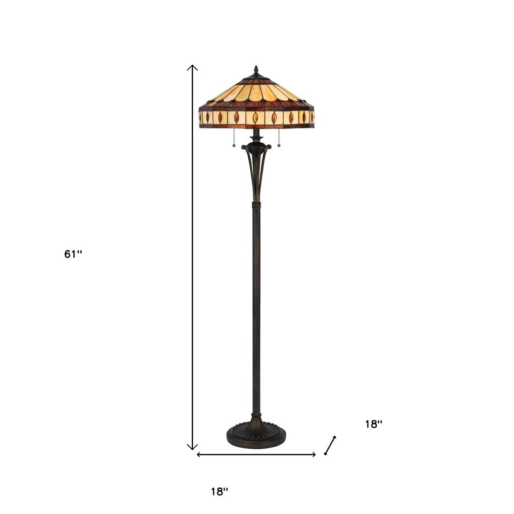 61" Bronze Two Light Traditional Shaped Floor Lamp With Purple and Ivory Abstract Tiffany Glass Empire Shade