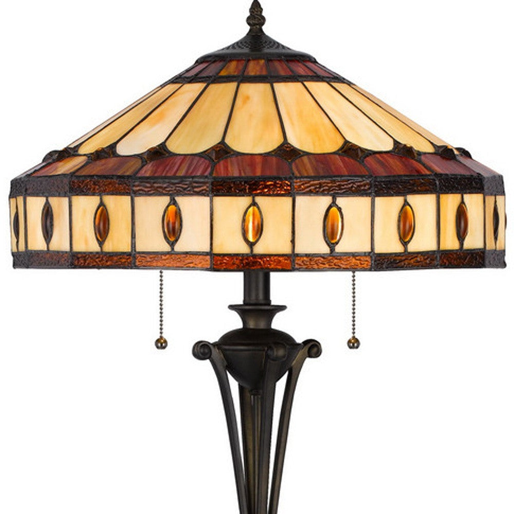61" Bronze Two Light Traditional Shaped Floor Lamp With Purple and Ivory Abstract Tiffany Glass Empire Shade