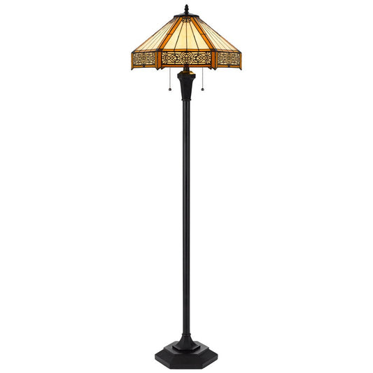 60" Bronze Two Light Traditional Shaped Floor Lamp With Orange and Ivory Abstract Tiffany Glass Empire Shade