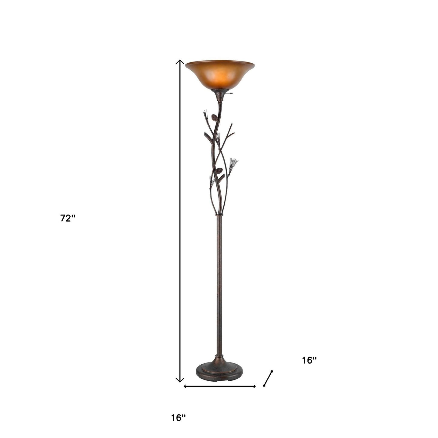 72" Rusted Torchiere Floor Lamp With Brown Frosted Glass Dome Shade