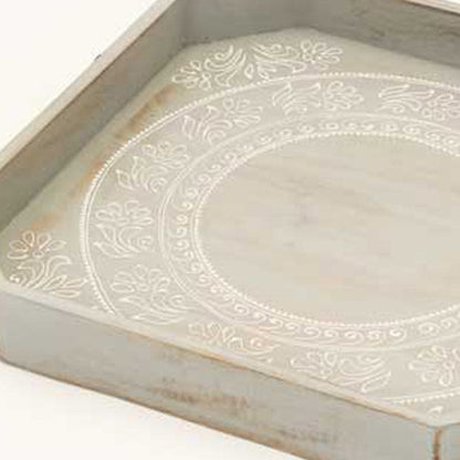 Set Of Two Gray and White Octagon Solid Wood Paisley Handmade Serving Tray With Handles