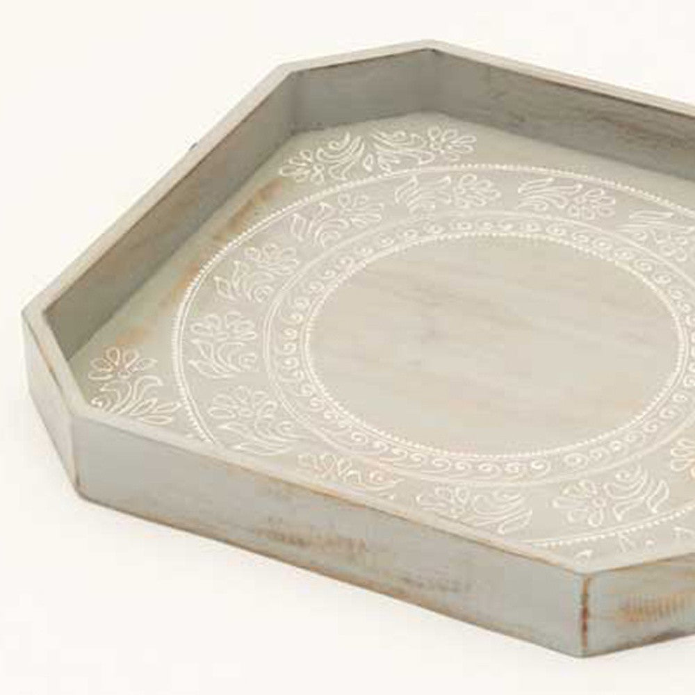 Set Of Two Gray and White Octagon Solid Wood Paisley Handmade Serving Tray With Handles