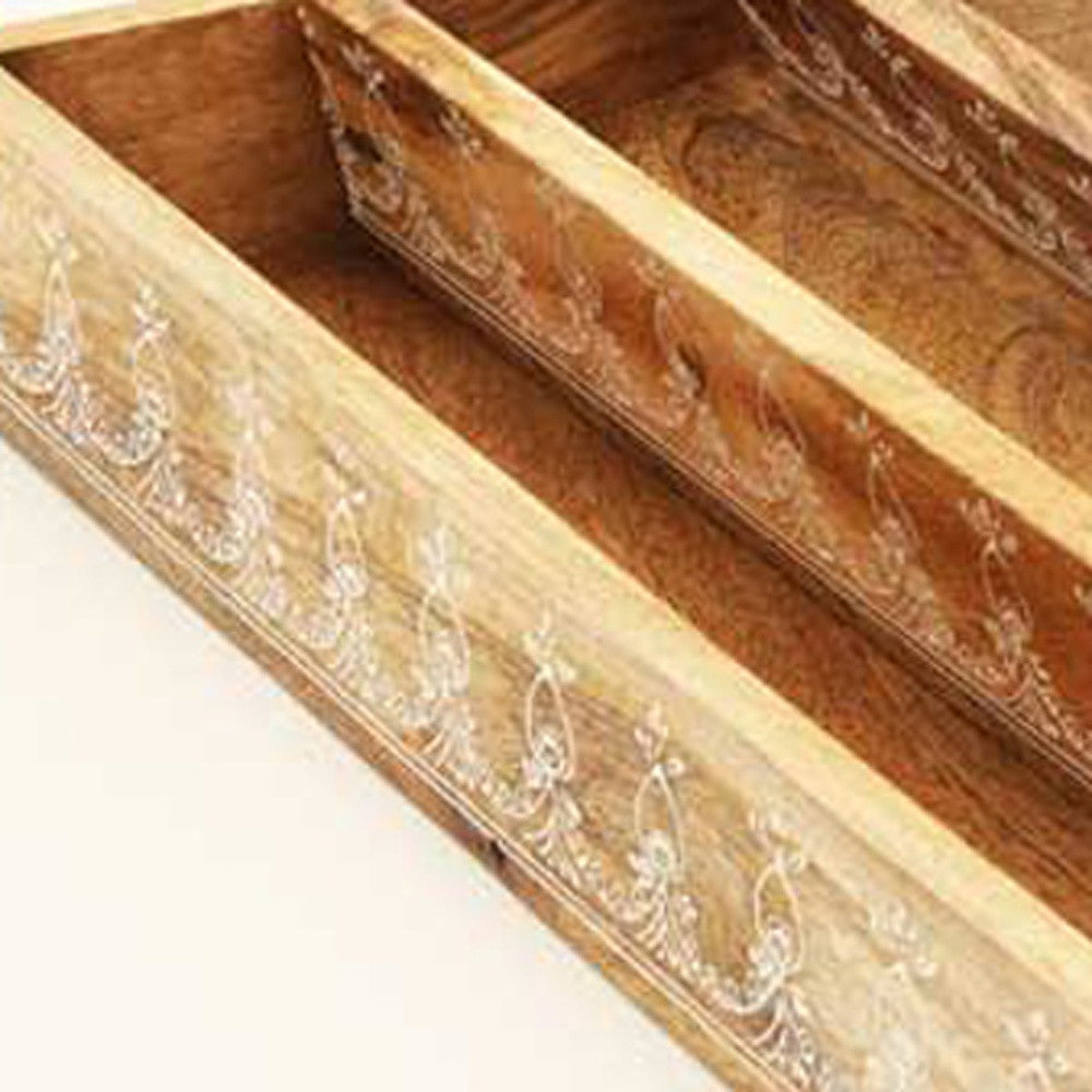 Set of Three Natural Rectangular Solid Wood Floral Handmade Serving Tray With Handles