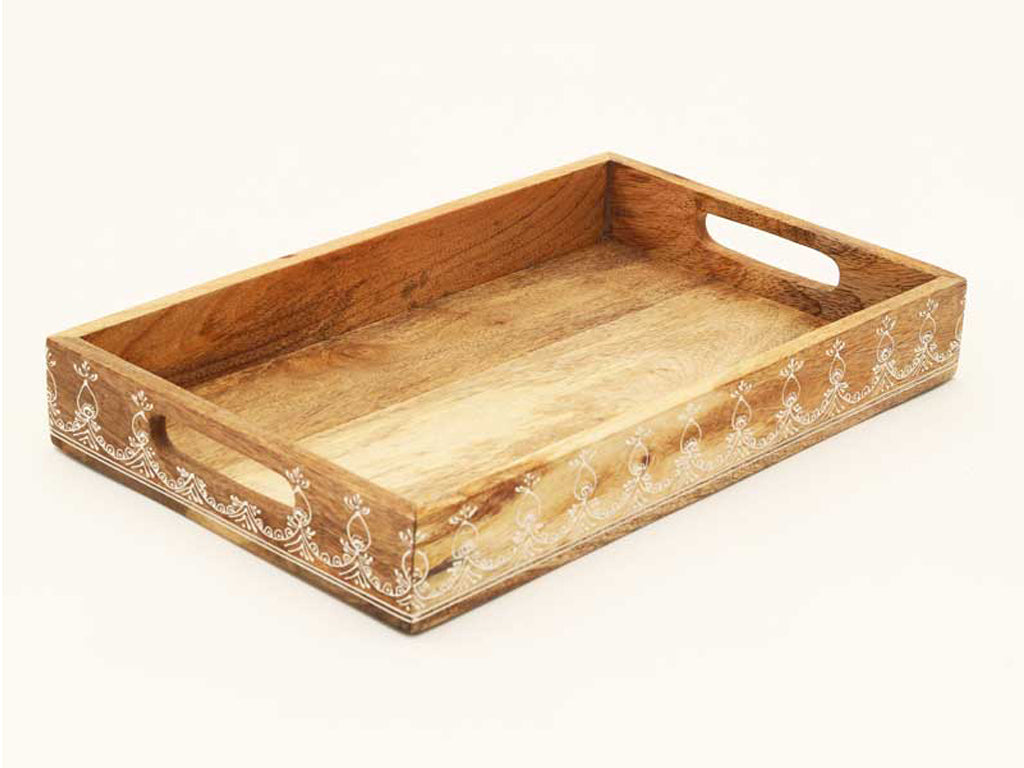 Set of Three Natural Rectangular Solid Wood Floral Handmade Serving Tray With Handles