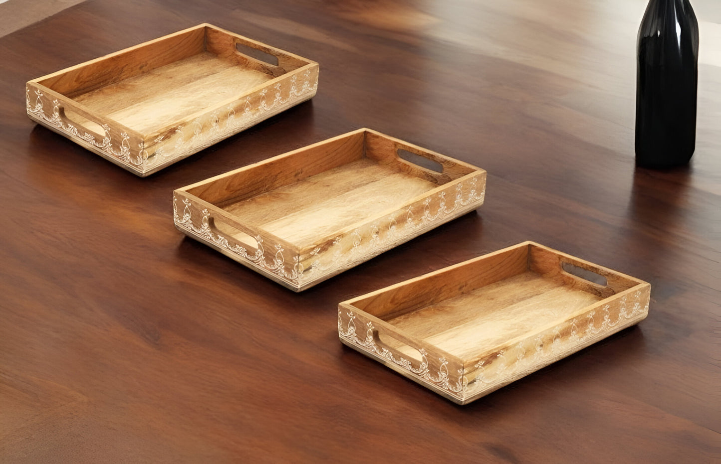 Set of Three Natural Rectangular Solid Wood Floral Handmade Serving Tray With Handles