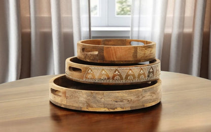 Set of Three Natural Round Solid Wood Floral Indoor Outdoor Handmade Serving Tray With Handles