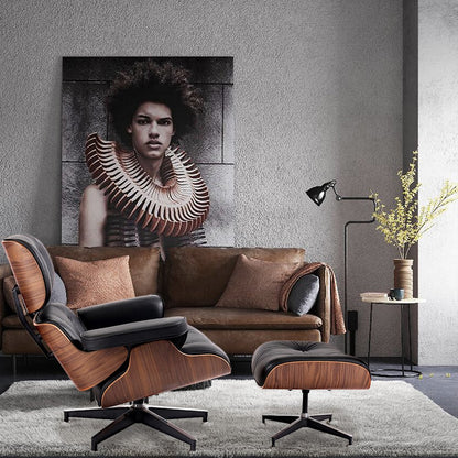 35" black and brown genuine leather tufted swivel lounge chair with ottoman