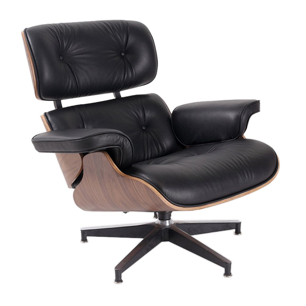 35" black and brown genuine leather tufted swivel lounge chair with ottoman.