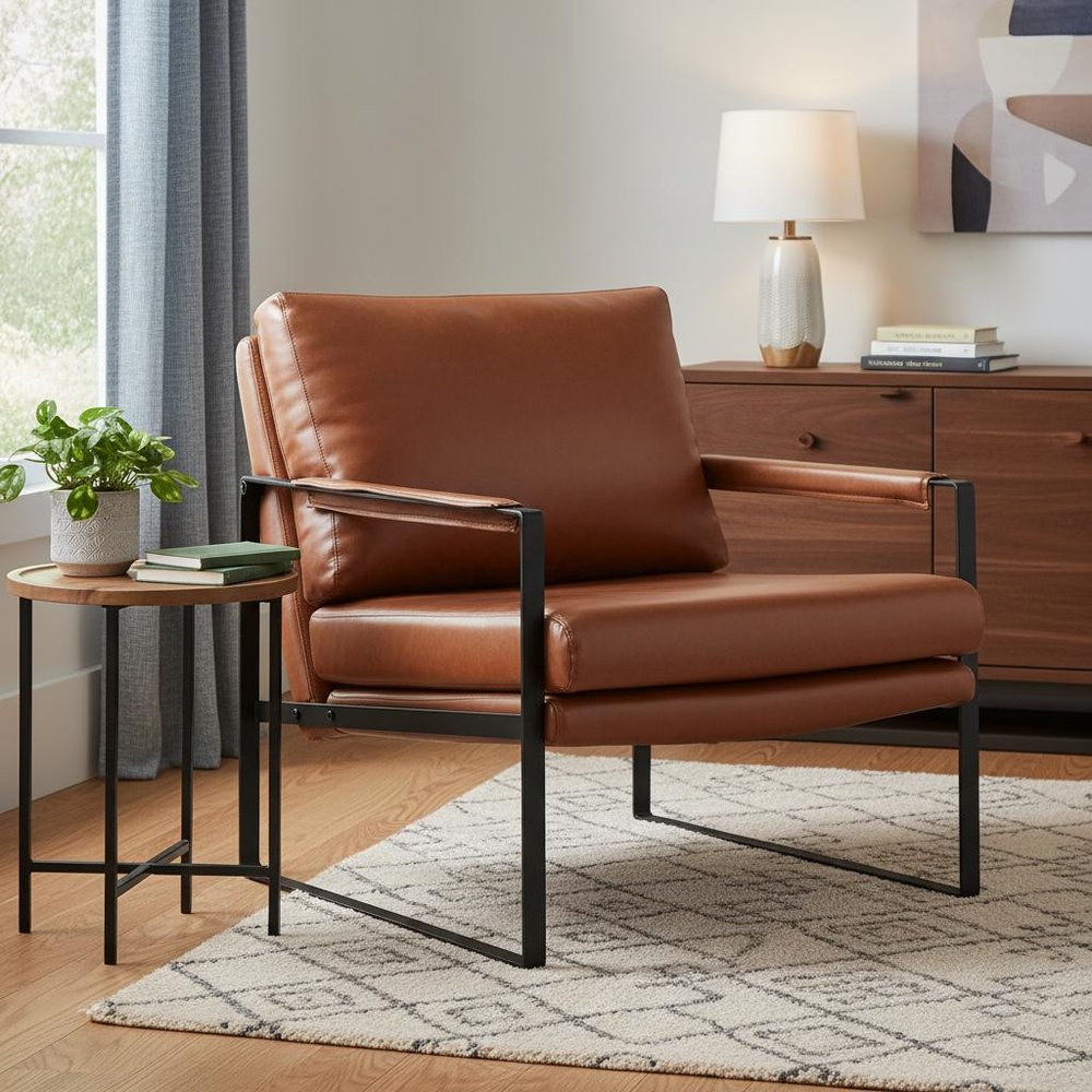 27" Dark Brown Faux Leather And Black Arm Chair