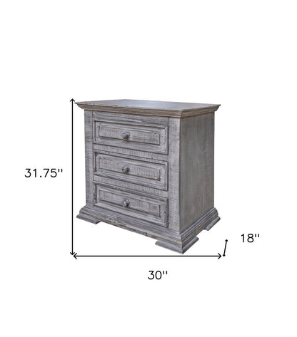 32" Gray Solid Wood Three Drawer Nightstand