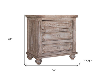 31" Brown Solid Wood Three Drawer Nightstand