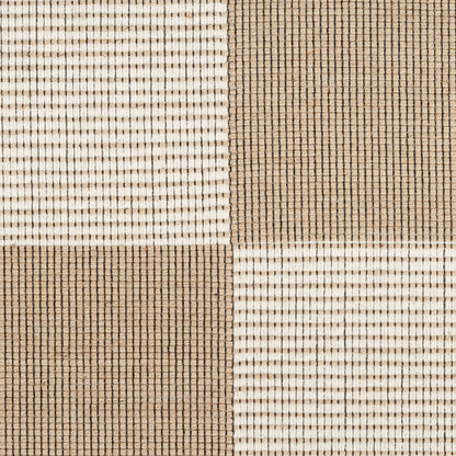 Patchwork textile swatch with four beige and tan squares featuring fine vertical stripe weave; rug or upholstery fabric.