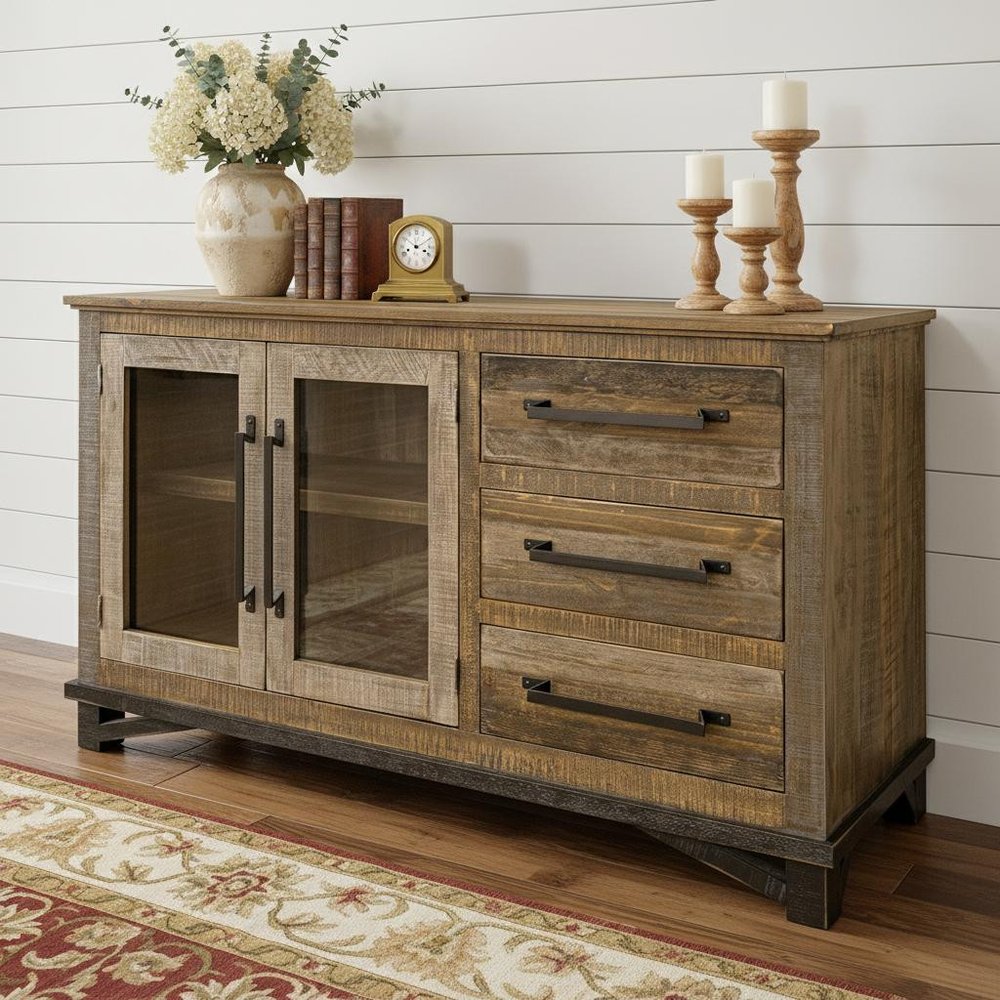 60" Brown Solid and Manufactured Wood Distressed Buffet Table