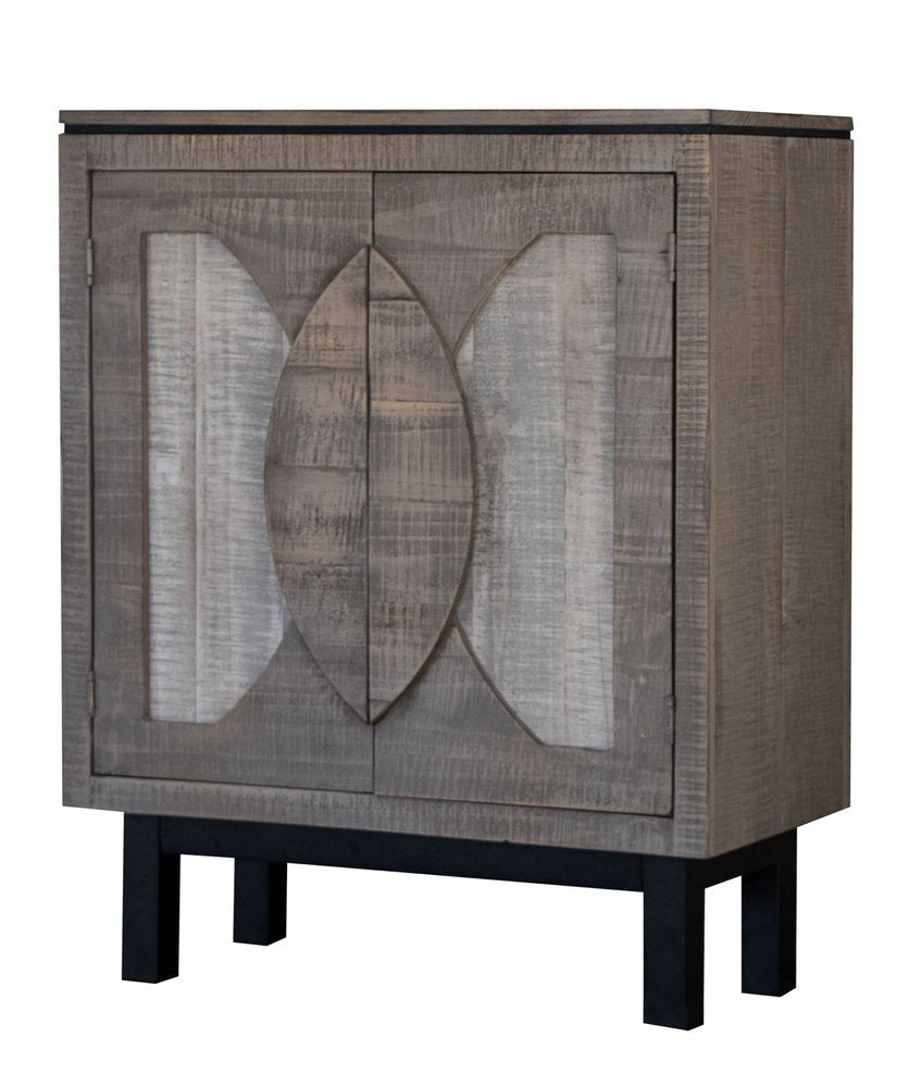 Rustic gray-washed wood cabinet with two arched panel doors on black legs.