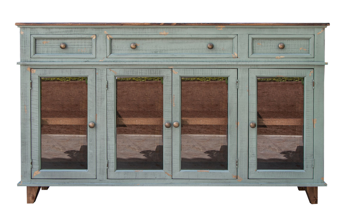 70" Green Solid and Manufactured Wood Distressed Credenza