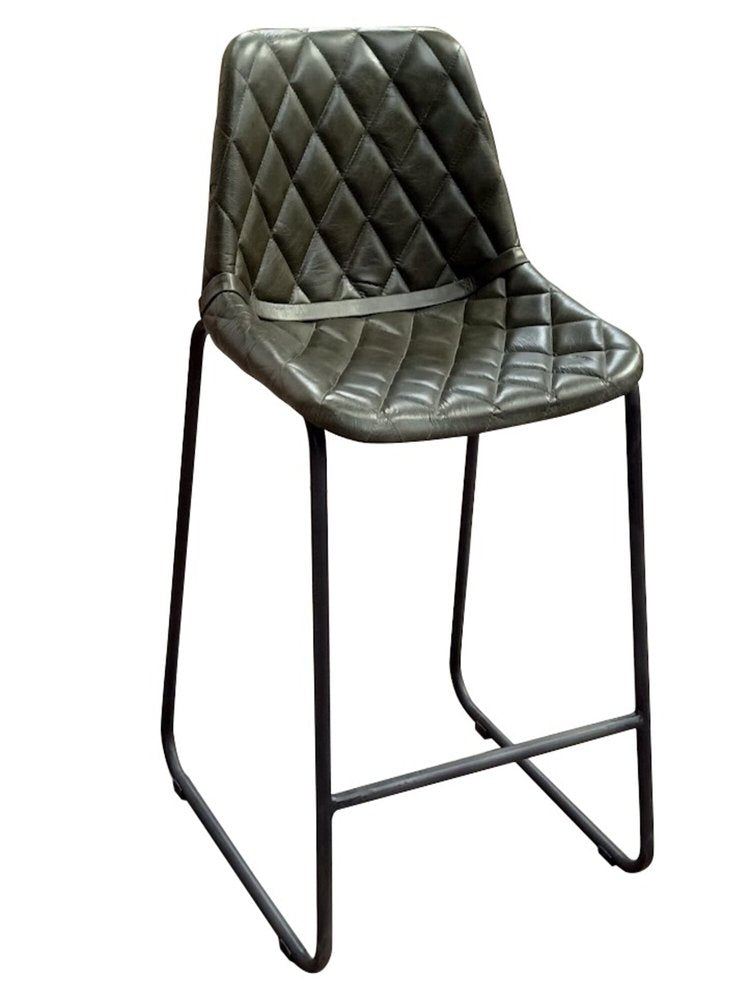 27" Green And Black Leather And Genuine Leather And Iron Counter Height Bar Chair