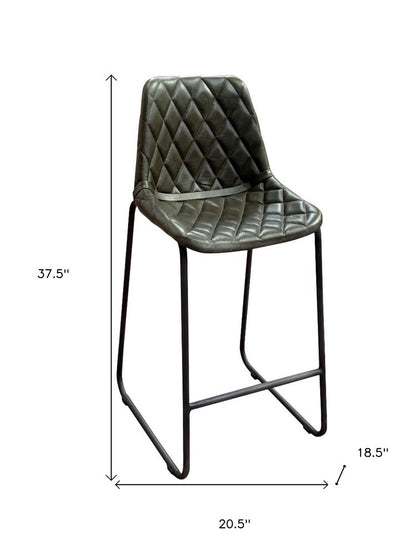 27" Green And Black Leather And Genuine Leather And Iron Counter Height Bar Chair