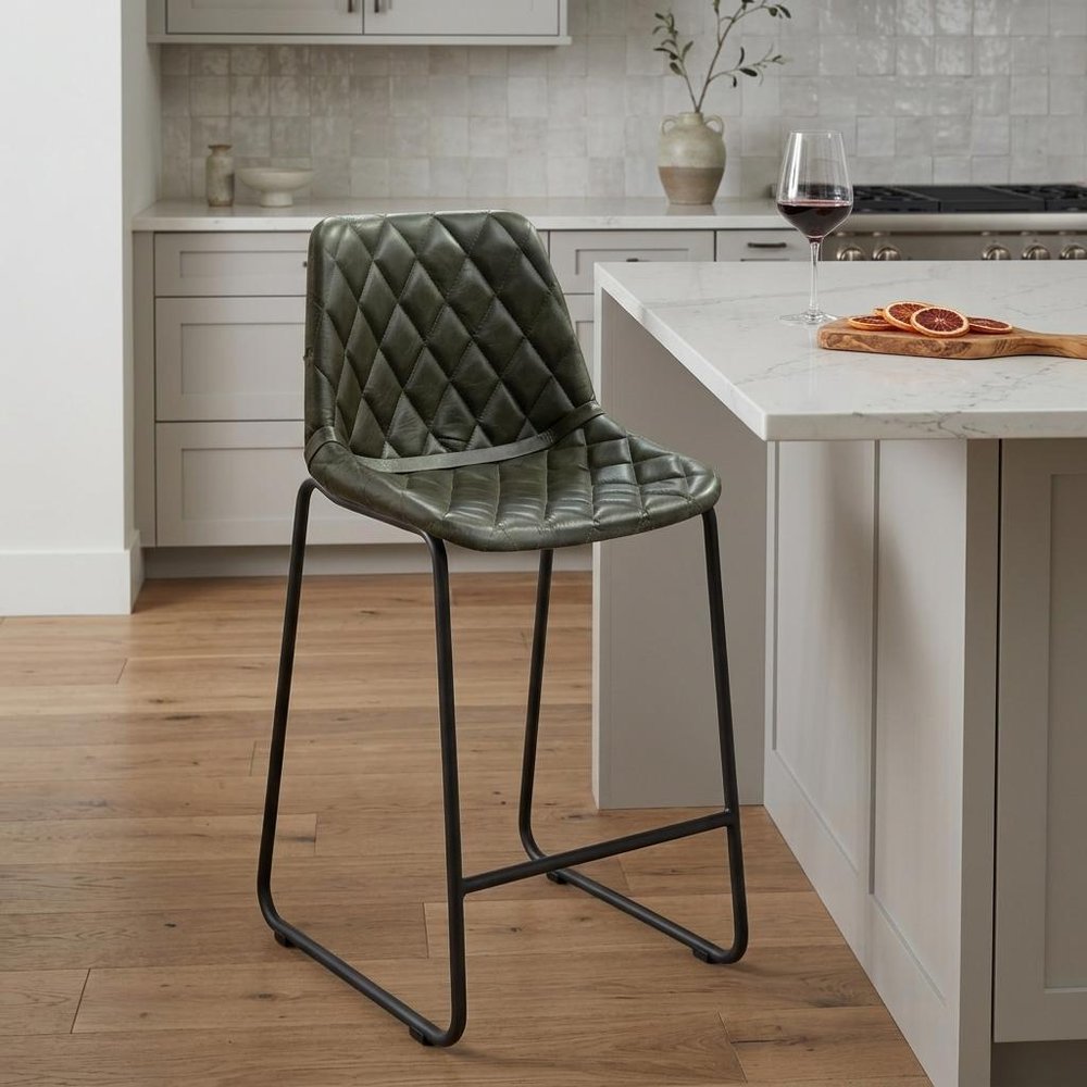 27" Green and Black Leather and Iron Counter Height Bar Chair