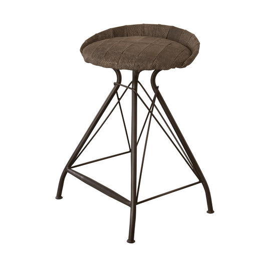 25" Brown And Black Leather And Genuine Leather And Iron Low Back Counter Height Swivel Bar Chair