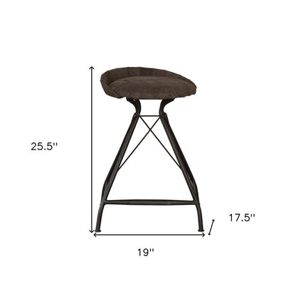 25" Brown and Black Leather and Iron Low Back Counter Height Swivel Bar Chair