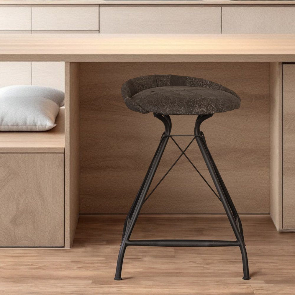 25" Brown and Black Leather and Iron Low Back Counter Height Swivel Bar Chair