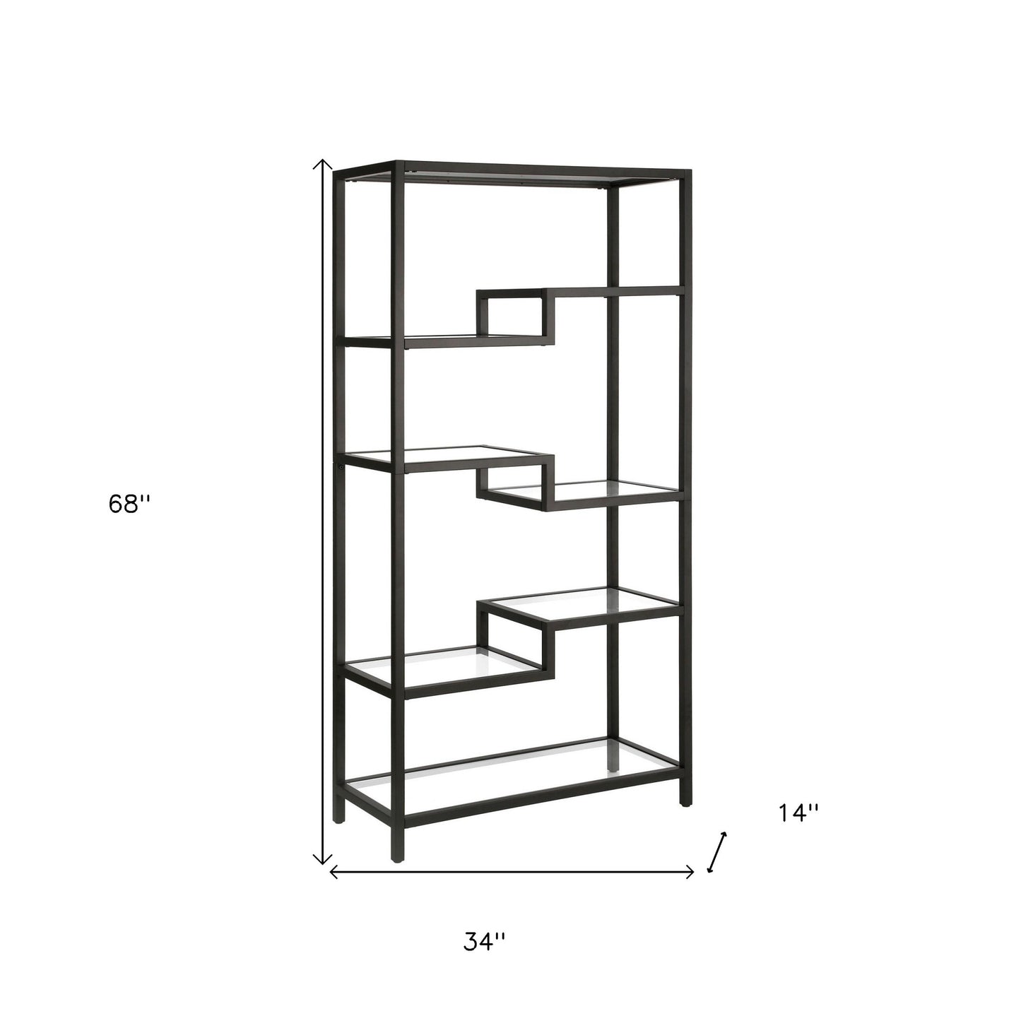 68" Black Metal and Glass Seven Tier Etagere Bookcase