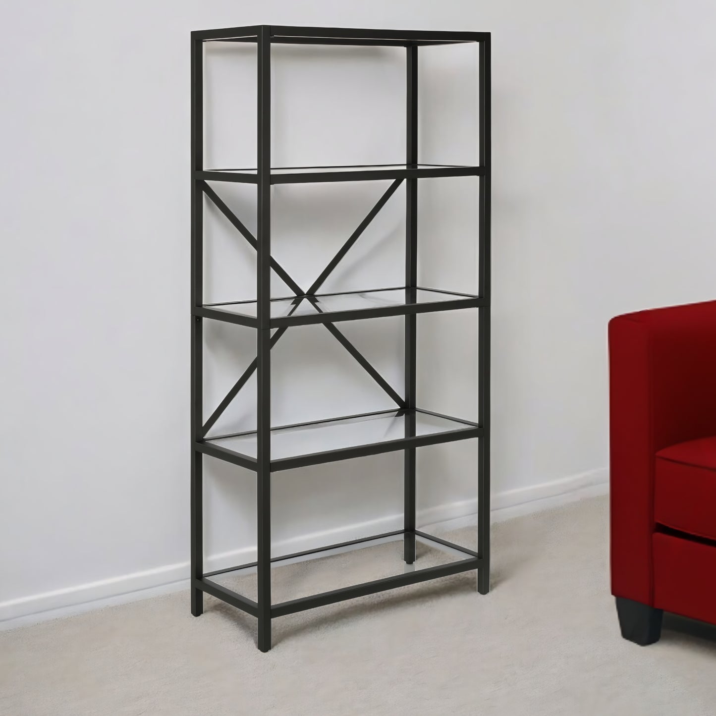 63" Black Metal and Glass Five Tier Etagere Bookcase