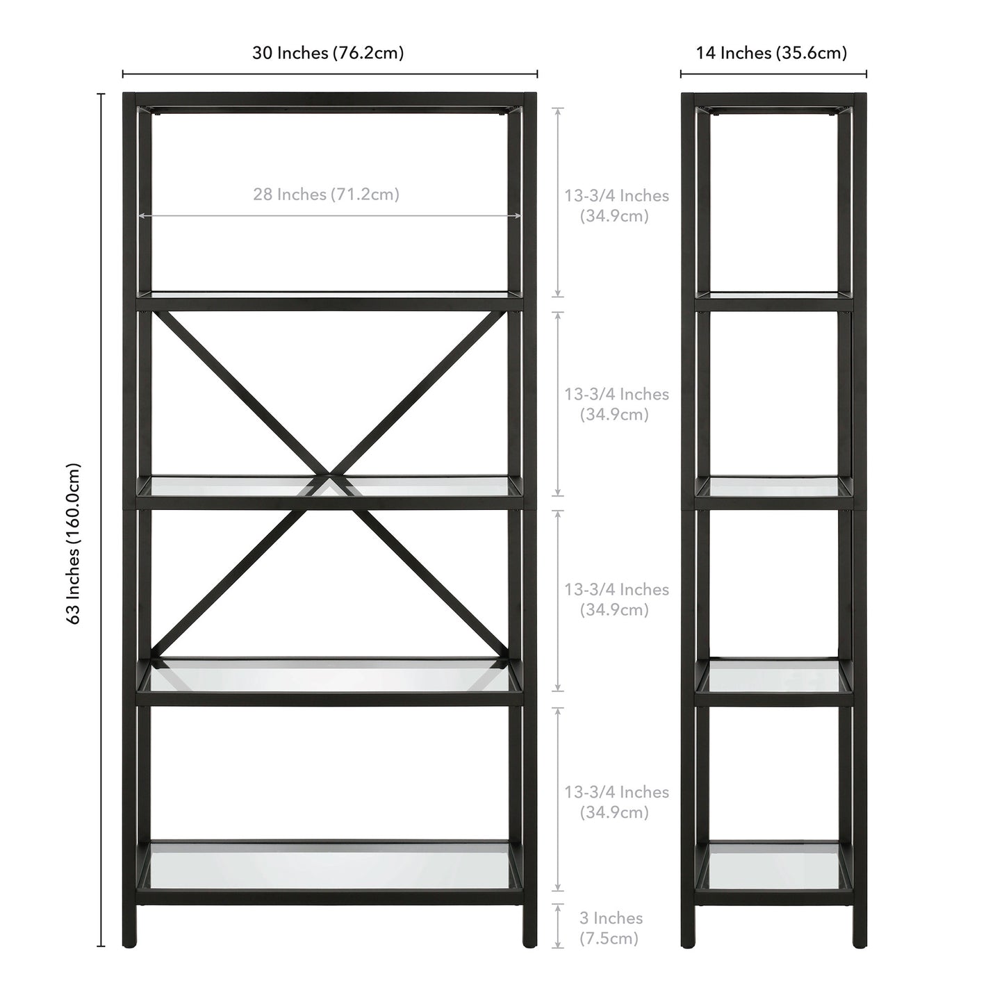 63" Black Metal and Glass Five Tier Etagere Bookcase