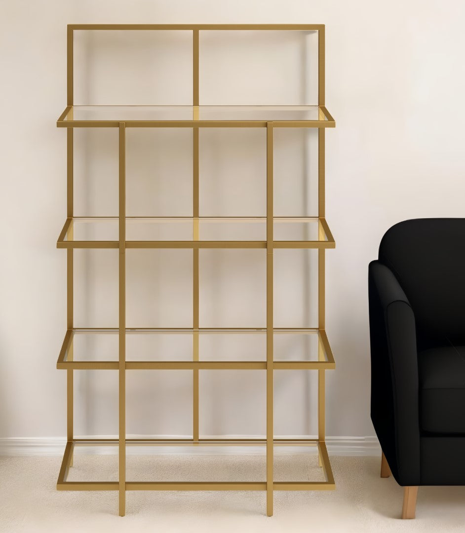 62" Gold Metal And Glass Four Tier Etagere Bookcase