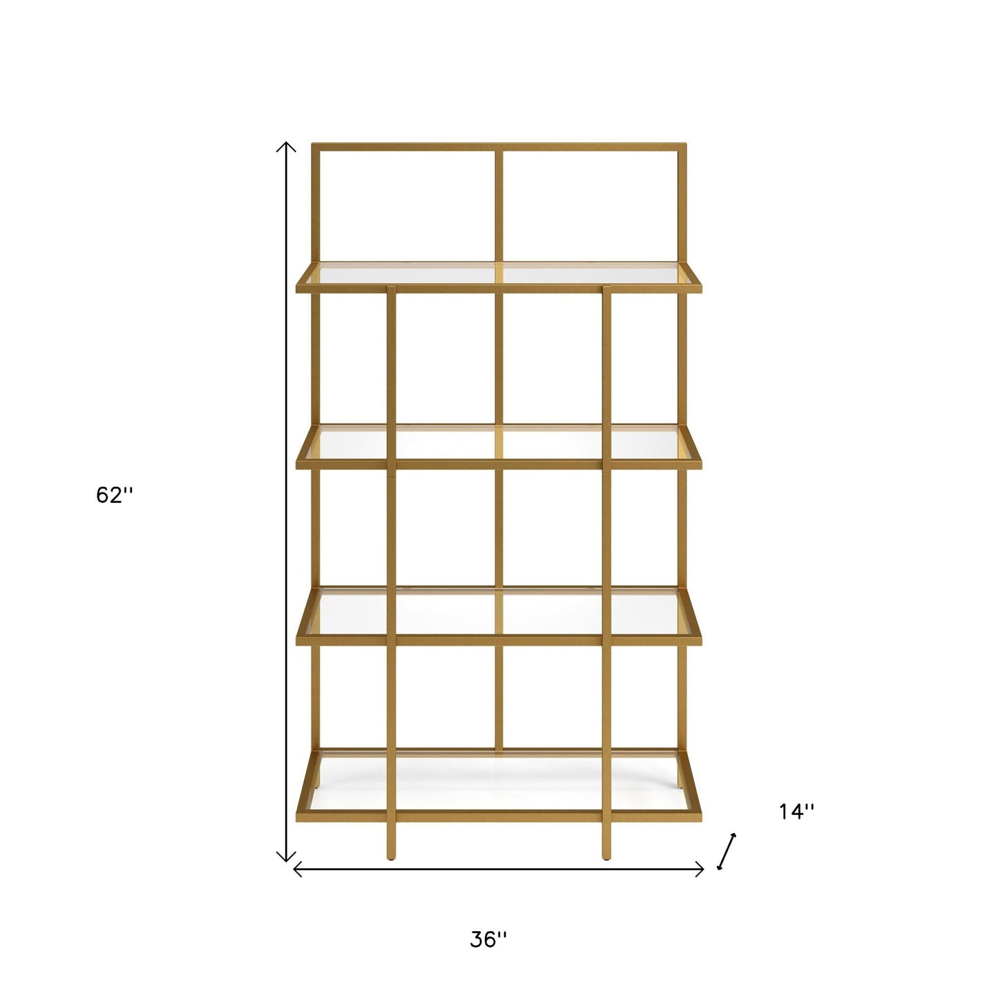 62" Gold Metal And Glass Four Tier Etagere Bookcase