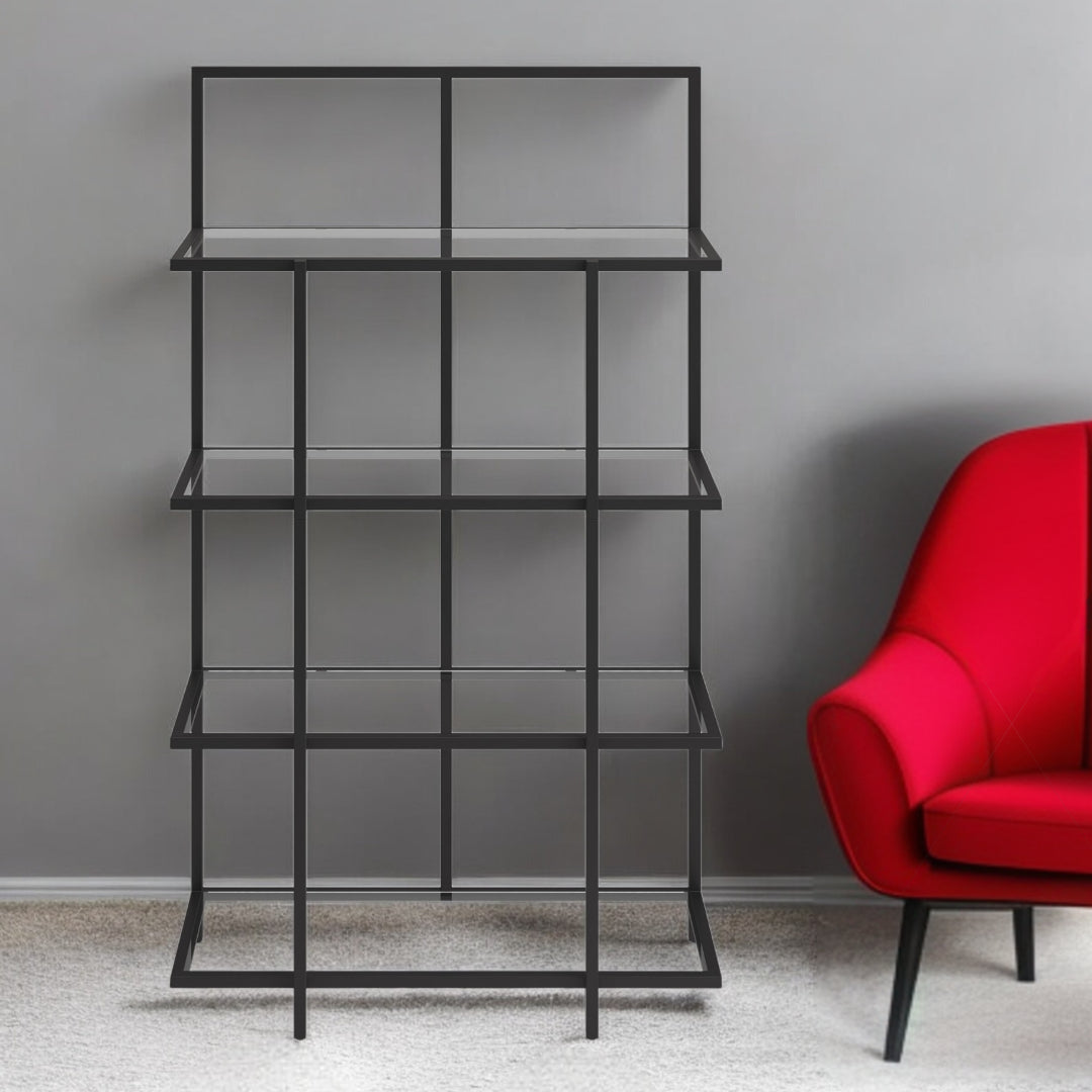 62" Black Metal And Glass Four Tier Etagere Bookcase