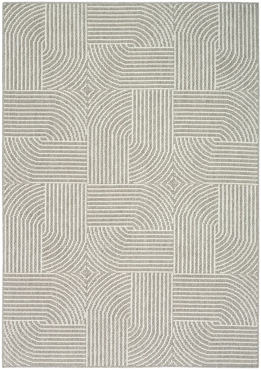 Beige-gray geometric patchwork rug with striped curved-line patterns in square blocks; modern woven pile.