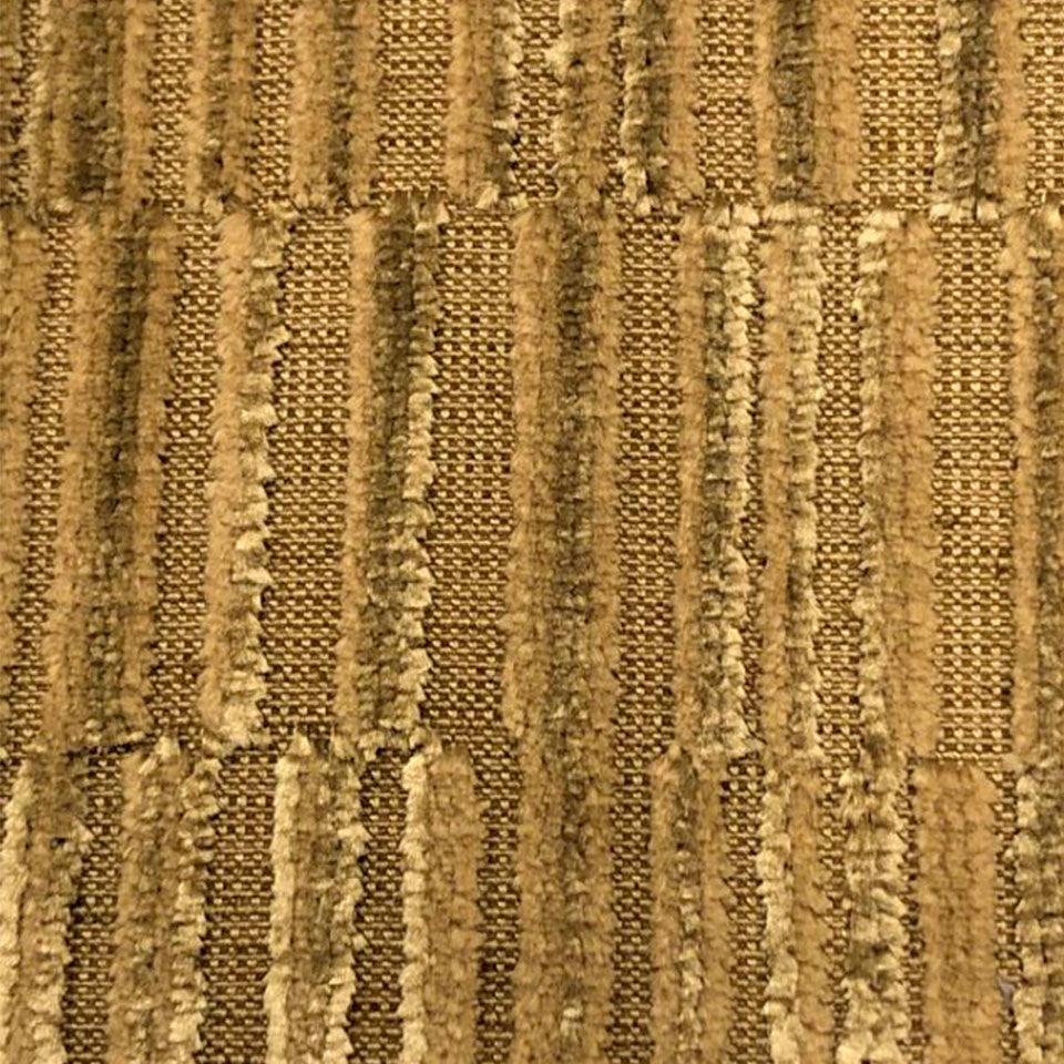 Tan & brown striped woven rug fabric with vertical ribbed texture.