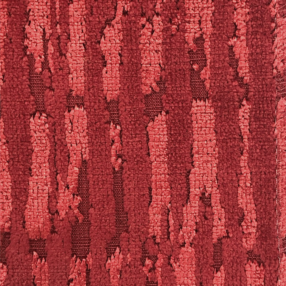 Red textured rug with vertical burgundy and coral looped pile, cozy synthetic fibers.