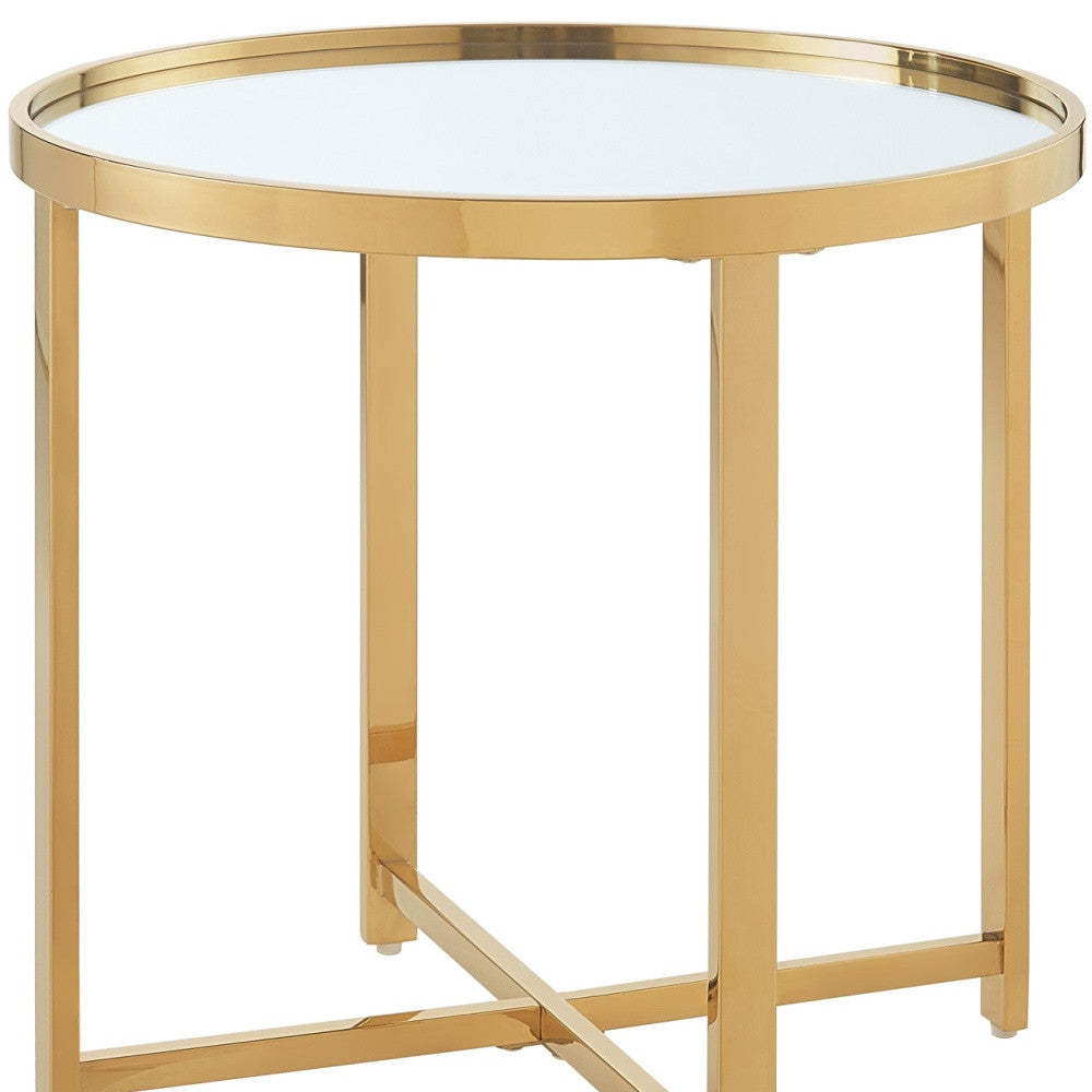 22" Gold Glass And Stainless Steel Round Mirrored End Table