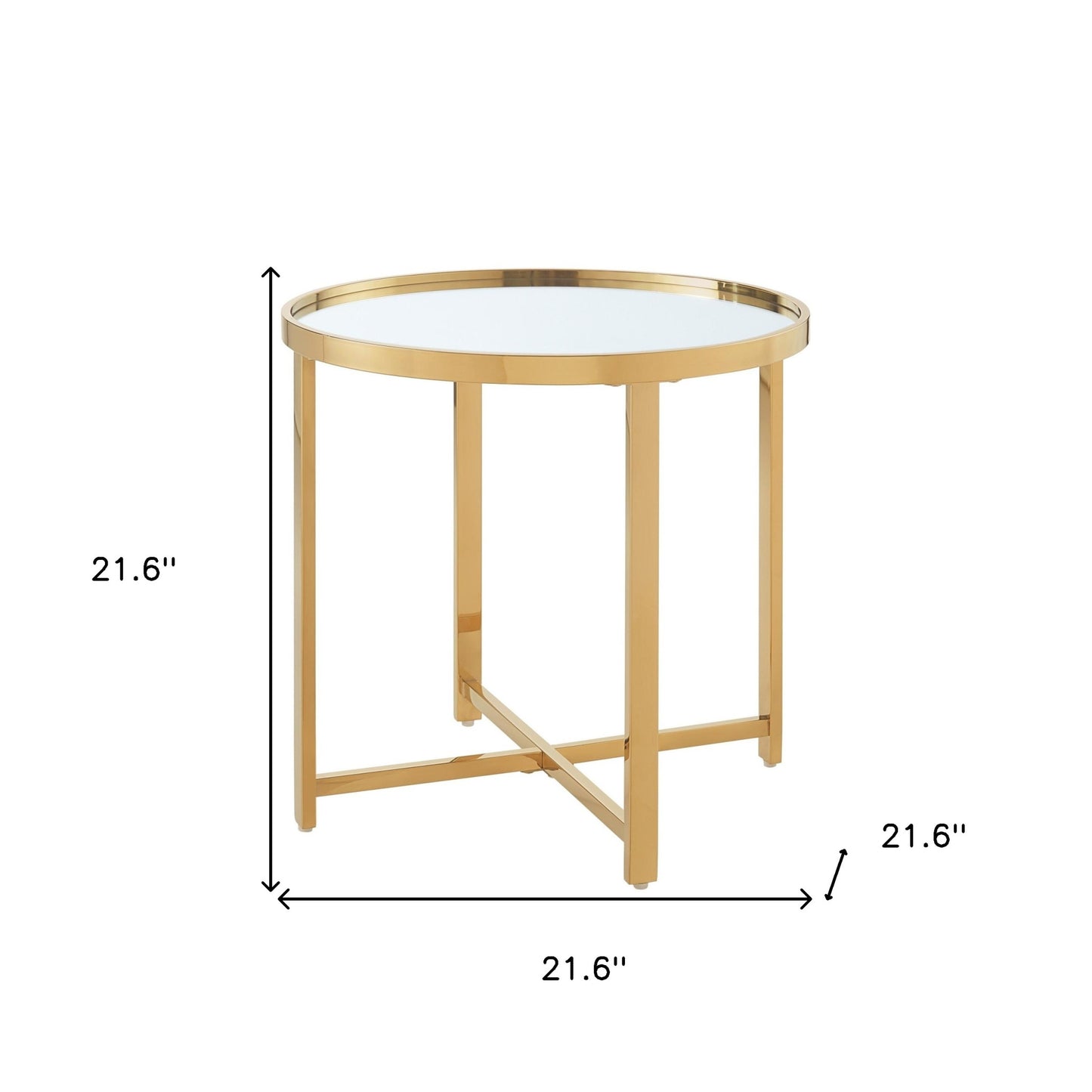 22" Gold Glass And Stainless Steel Round Mirrored End Table