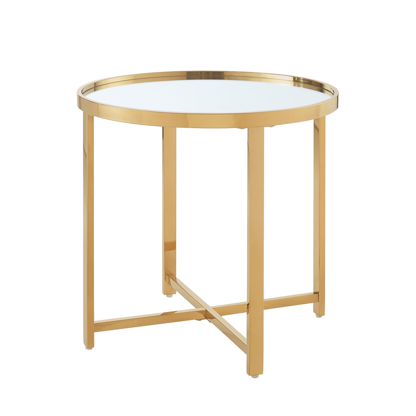 22" Gold Glass And Stainless Steel Round Mirrored End Table