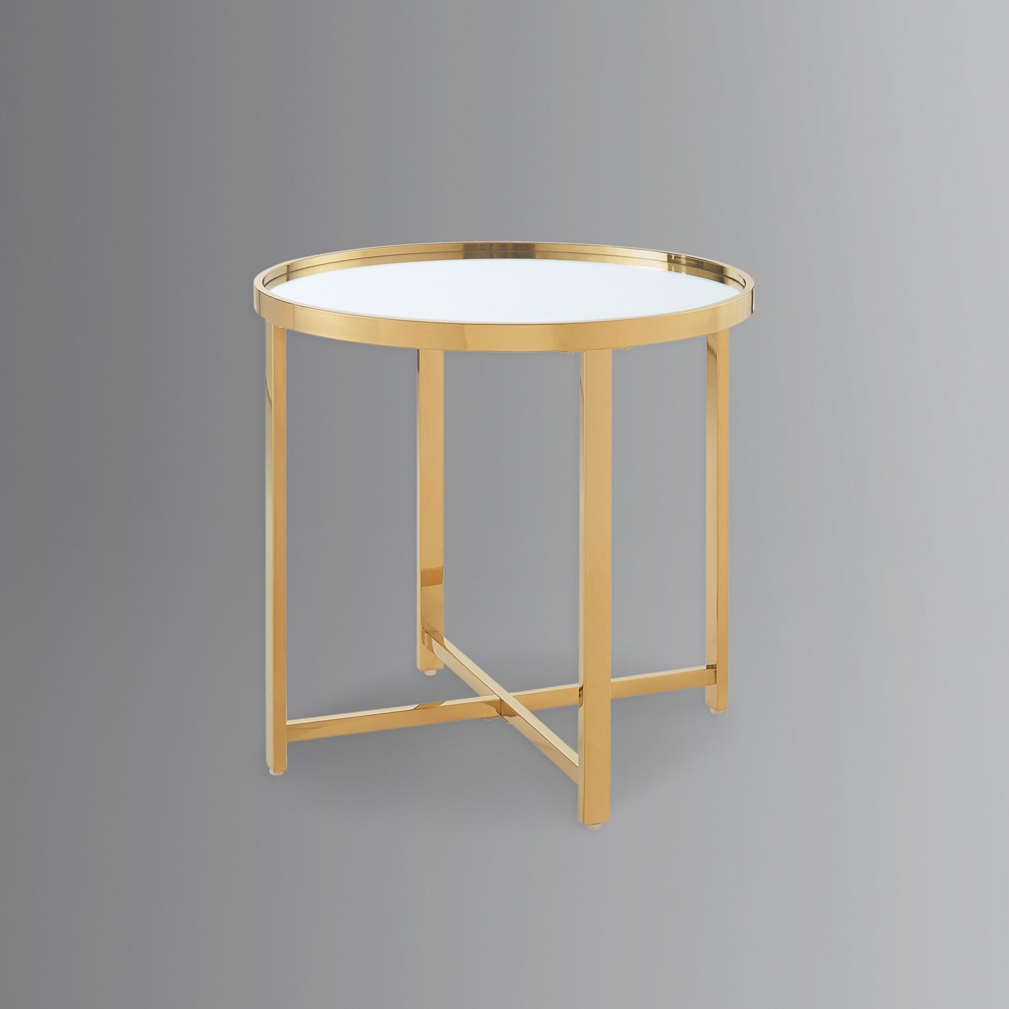 22" Gold Glass And Stainless Steel Round Mirrored End Table