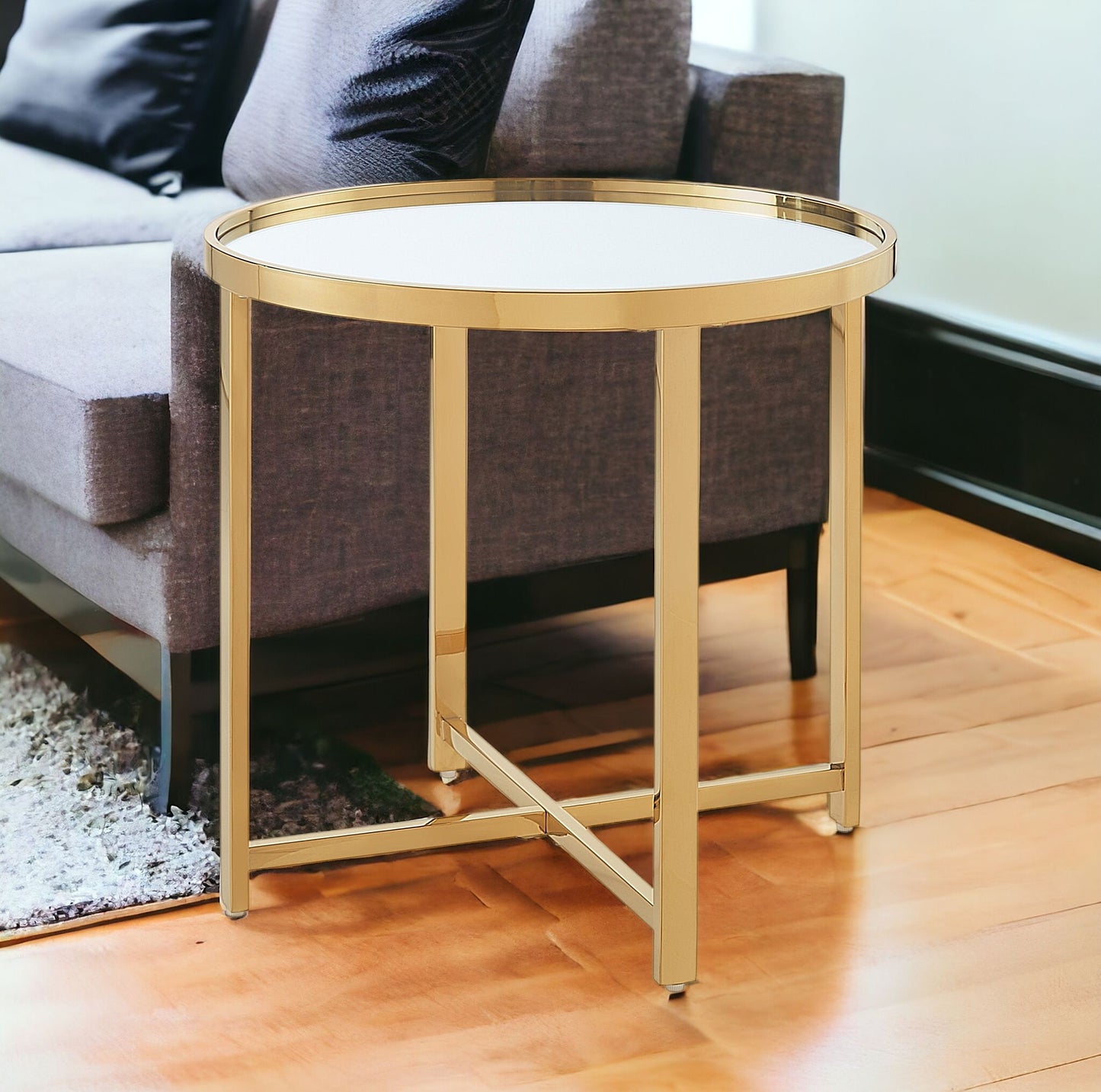 22" Gold Glass And Stainless Steel Round Mirrored End Table