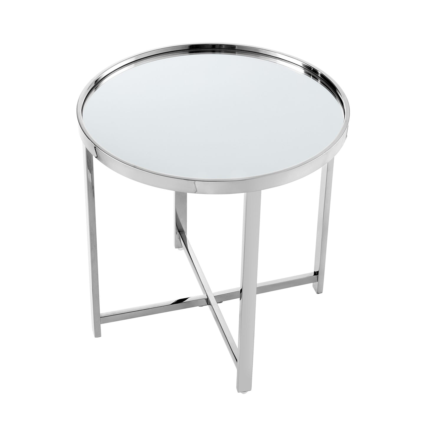 22" Gold Glass And Stainless Steel Round Mirrored End Table