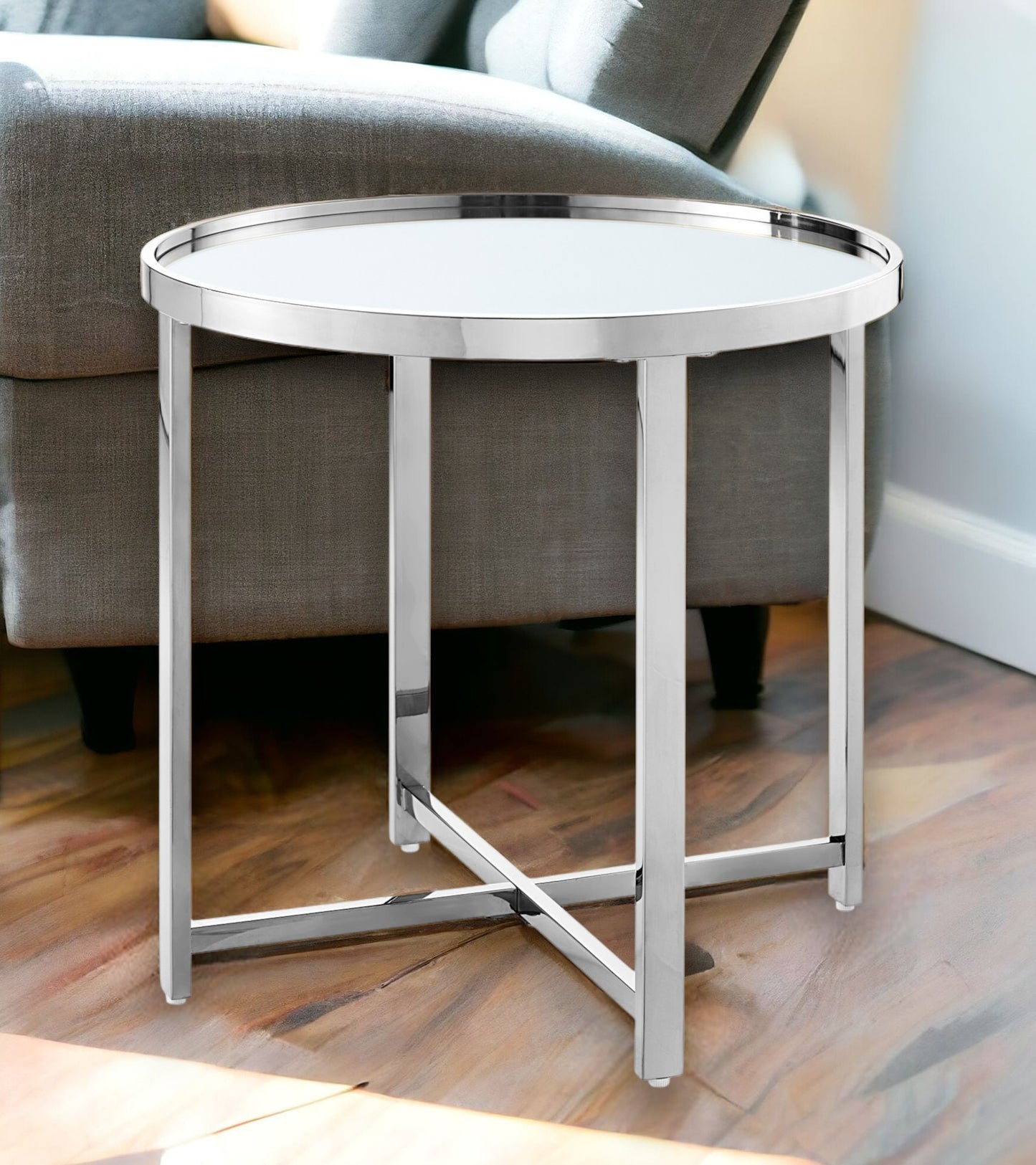 22" Gold Glass And Stainless Steel Round Mirrored End Table