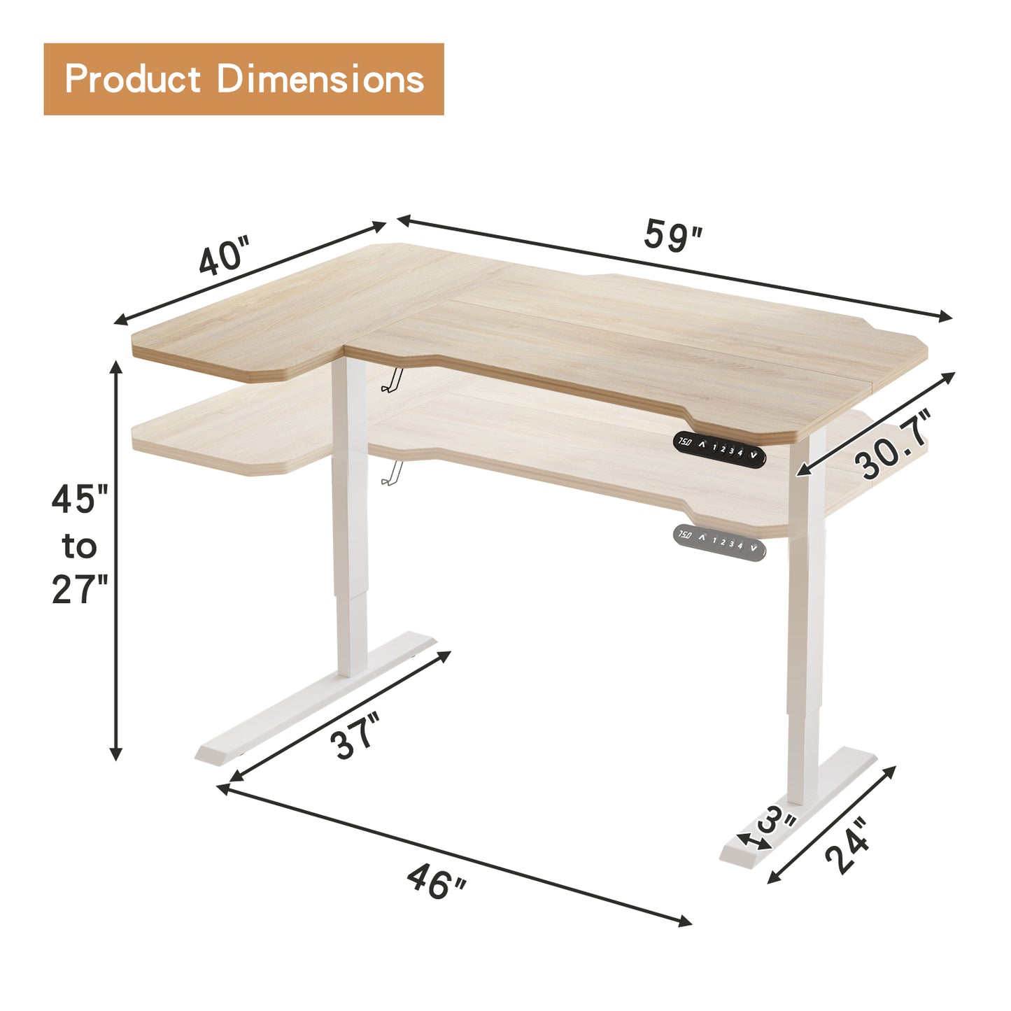 59" Adjustable Light Khaki and White L Shape Standing Desk