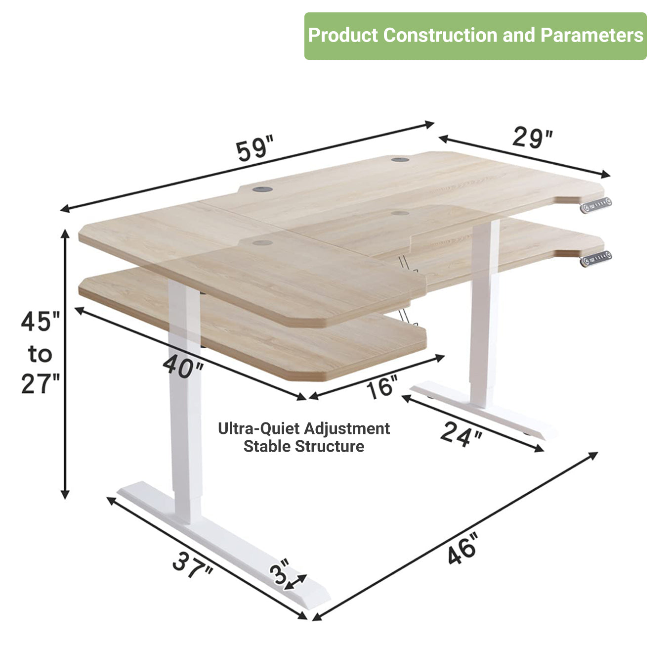 59" Adjustable Light Khaki And White L Shape Standing Desk