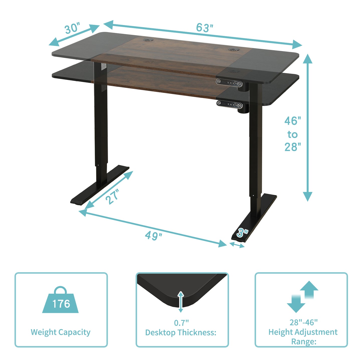 63" Adjustable Brown And Black And Black Standing Desk