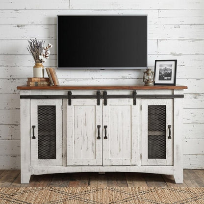 60" White Solid Wood Cabinet Enclosed Storage Distressed TV Stand